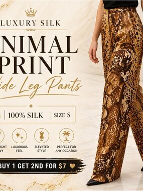 Natalee & Co 100% Silk Animal Print Wide Leg Pants Brown High Waist Small 30x41